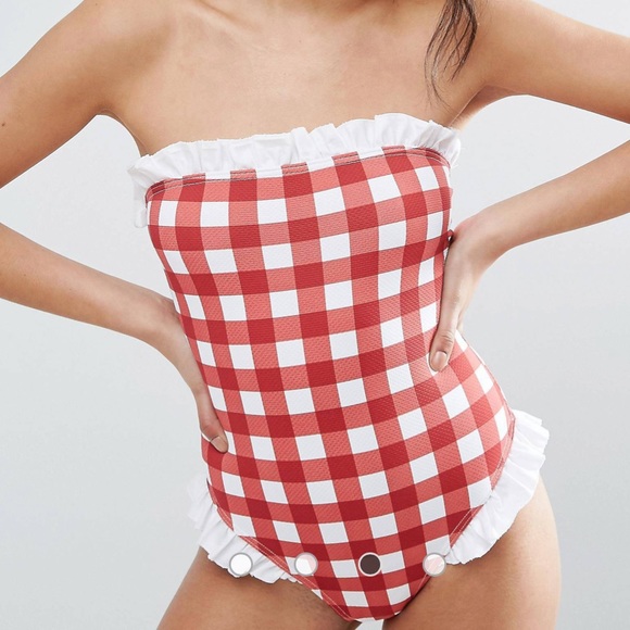 Gingham Print Cotton Frill Bandeau Swimsuit - Picture 2 of 4